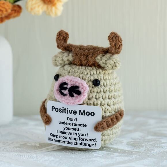 Handmade Yarn Crochet Cow Plush | Positive Moo | Motivational Message Gift - Picture 3 of 8